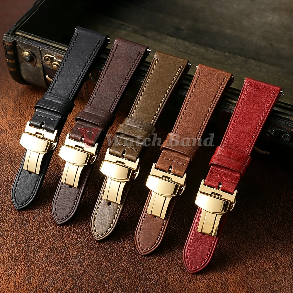 Waterproof Oil Leather Watchband 18/20/22/24mm Butterfly Buckle Deployment Watch Strap for Seiko for Omega Belts Men Women Bands
