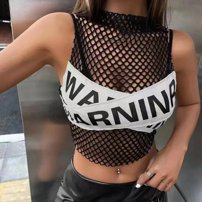 Europe and The United States Wind Gauze Hollowed Out Top Street Fashion Letter Color Contrast Spice Girl Vest