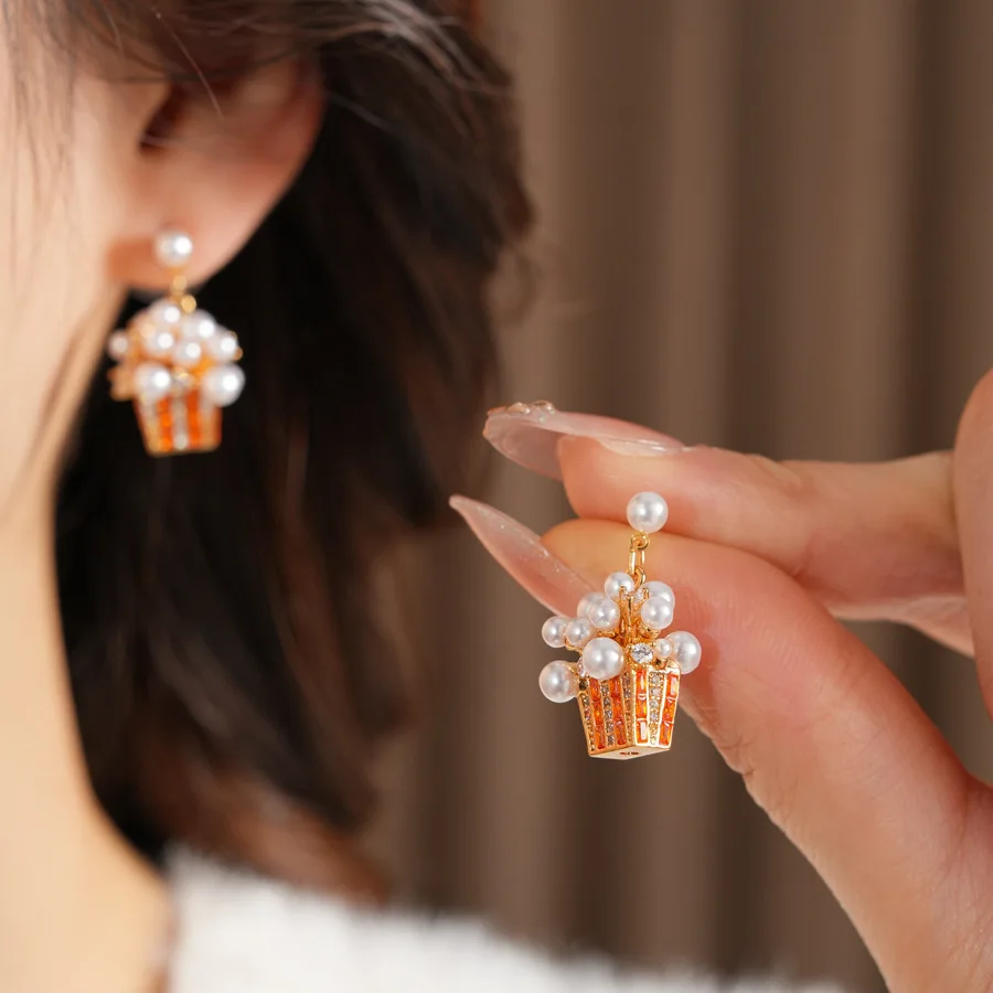 

18k Gold Plated Stud Earrings for Women Girls Funny Cute Food Shaped Imitation Pearl Earrings Charms Jewelry Daily Party Gifts