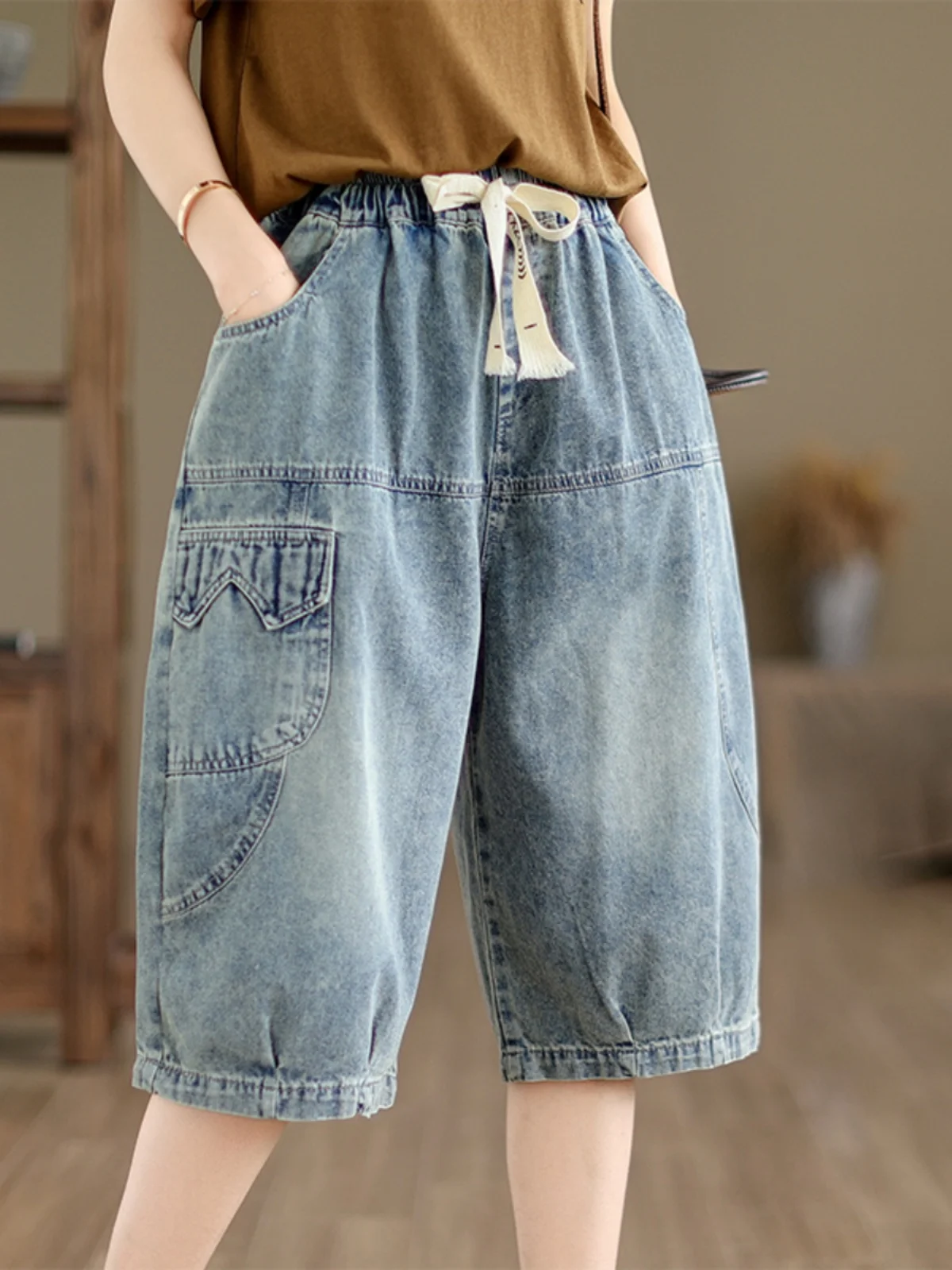 

Summer Vintage Waed Elastic Waist Wide Leg Jeans Loose Fit Casual Five-Quarter Length Women's Denim Pants Harlan Sle