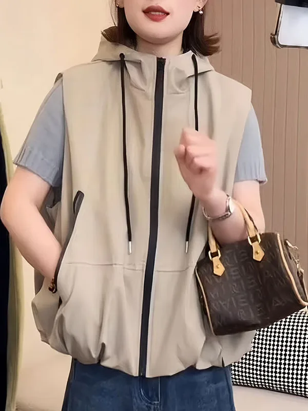

Casual Thin Hooded Vest Jacket Women's New 2026 Loose Lazy Sleeveless Tank Top Zipper round Neck Short Style Pure Color