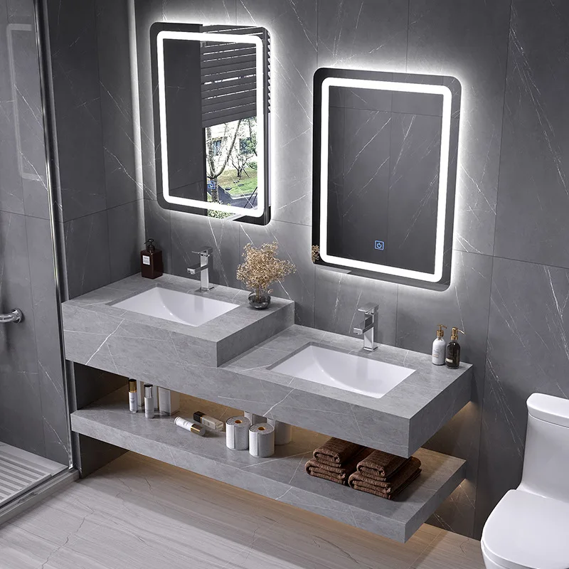 Modern Bathroom Cabinet Slate with Smart Mirror Ceramic Double Washbasin Bathroom Vanity Cabinet Child and Mother Sink Furniture