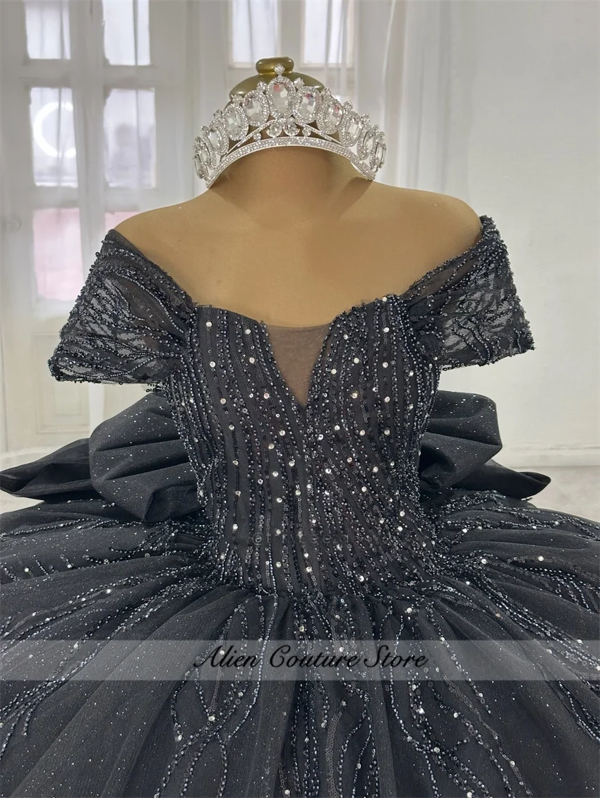 Glitter Zwart Quinceanera Jurken Baljurk Vestidos De 15 Anos Off-Shoulder Zoete 16e Verjaardag XV Prinses Partij Aangepaste