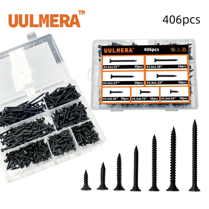 406pcs screws assortment kit, comprising 7 different sizes, including countersunk screws, wood screws, small screws deck screws