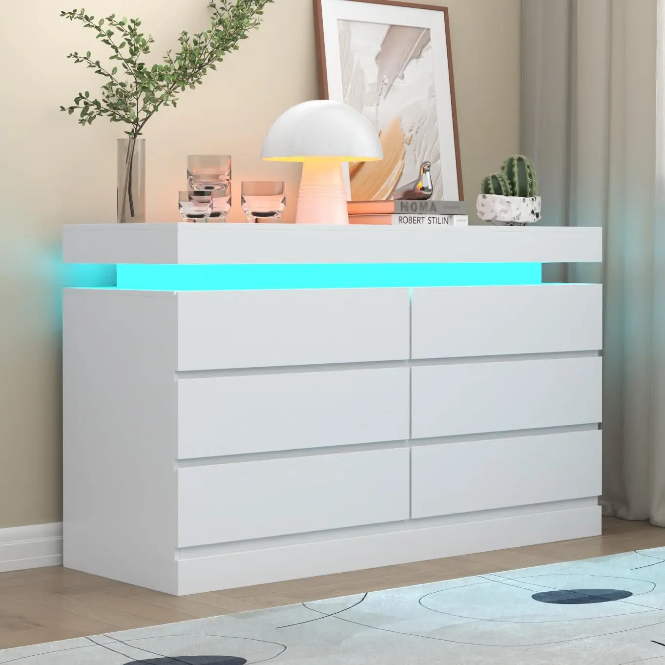 6 Drawer Dresser with Power Outlet, White Dresser with LED Light, Modern Chest of Drawers for Closet, Double Wide Drawer