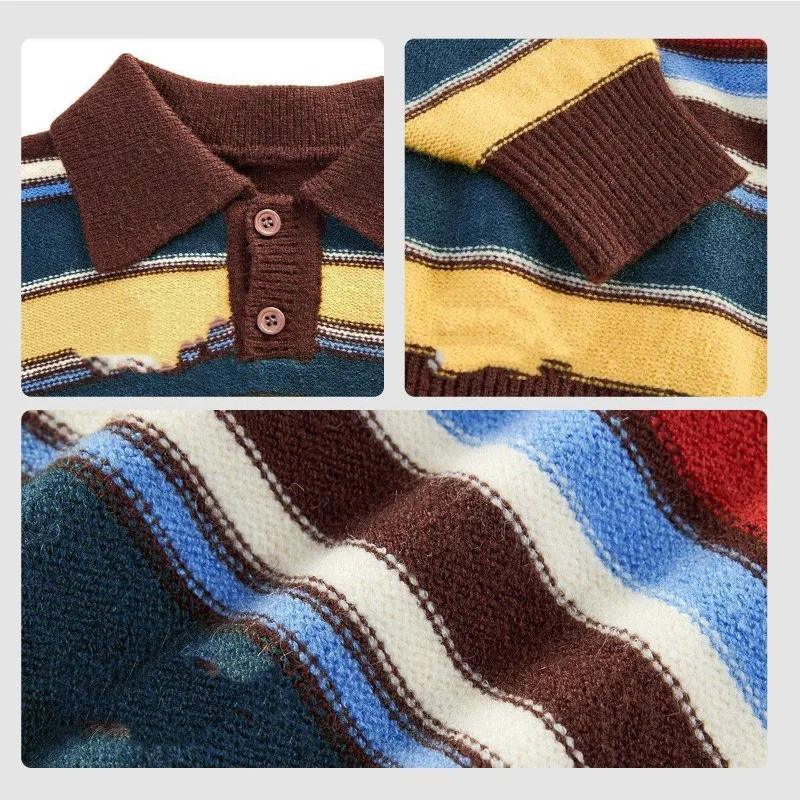 Herbst Kinder Jungen Gestreifter Pullover Retro Umlegekragen Junior Jungen Strickwaren Vintage 4-10 Jahre Kinder Jungen Langarm Pullover – Detail 5