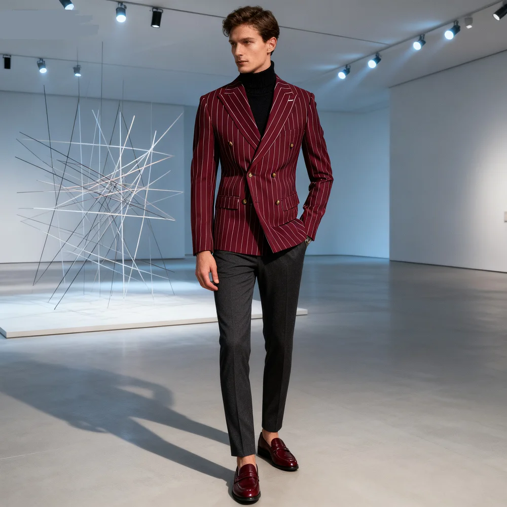 

Men's Brown Striped Blazer Double Breasted Jacket Peak Lapel Spring New Style Male Outerwear