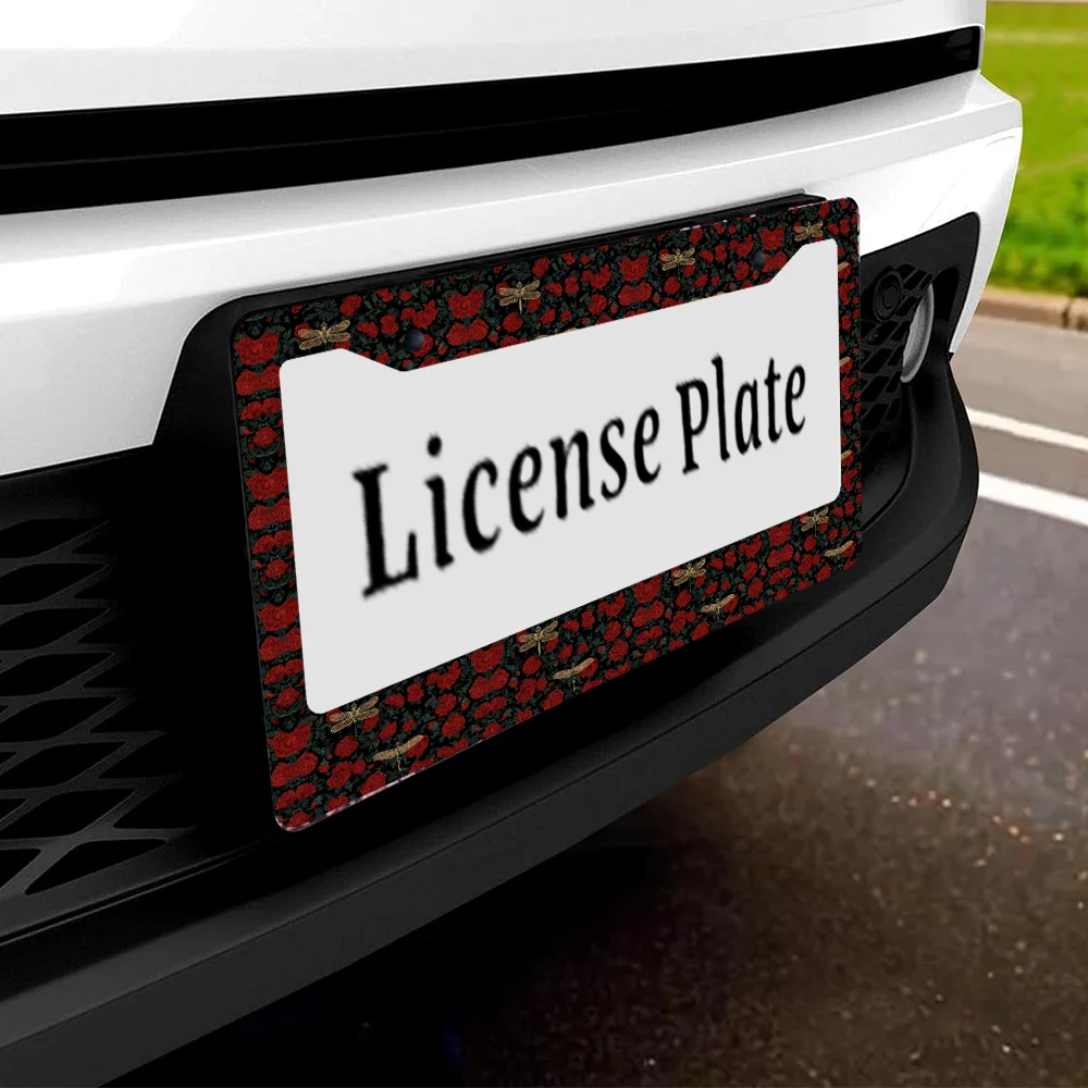 1pc Black Red Rose and Dragonfly Pattern 2 Hole License Plate Frame, Aluminum Material, 6x12 Inches, with Screw Set, Retro Nove