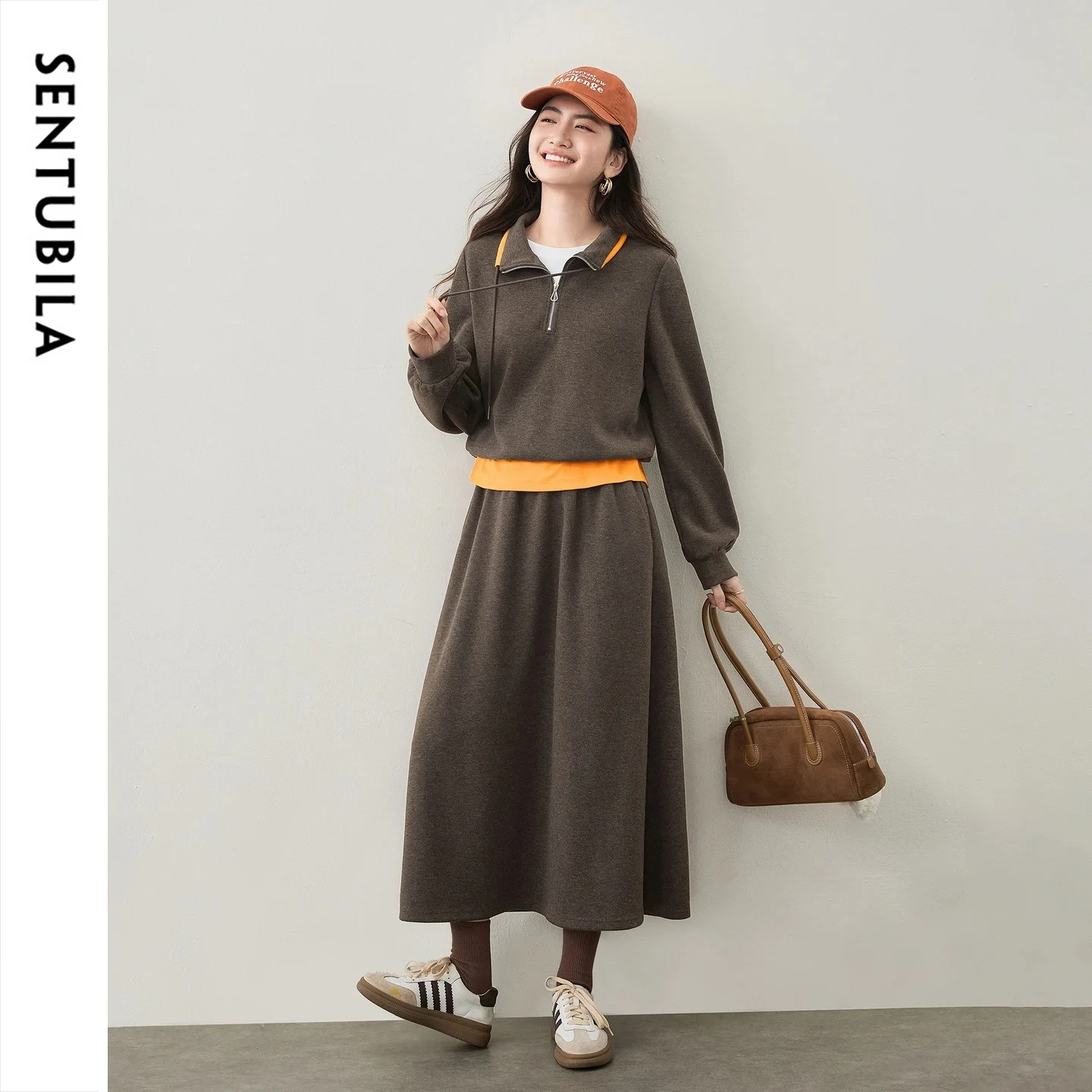 SENTUBILA Fake Two Piece Knit Set Women Winter 2026 Simple Casual Two Piece Outfit Slim Female Midi Skirt Sweatshirt 164ZF7761