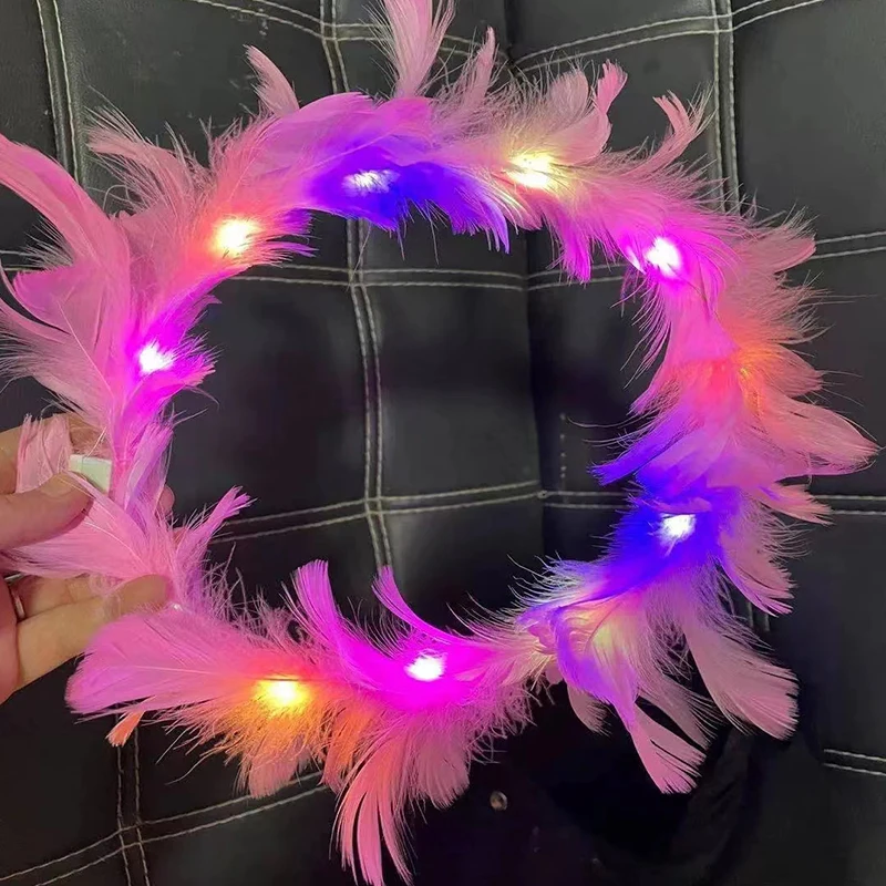 LED Feather Wreath Crown Headband for Women, Light-Up Angel Halo Headband, Luminous Headdress for Girls, Wedding, Christmas Glow