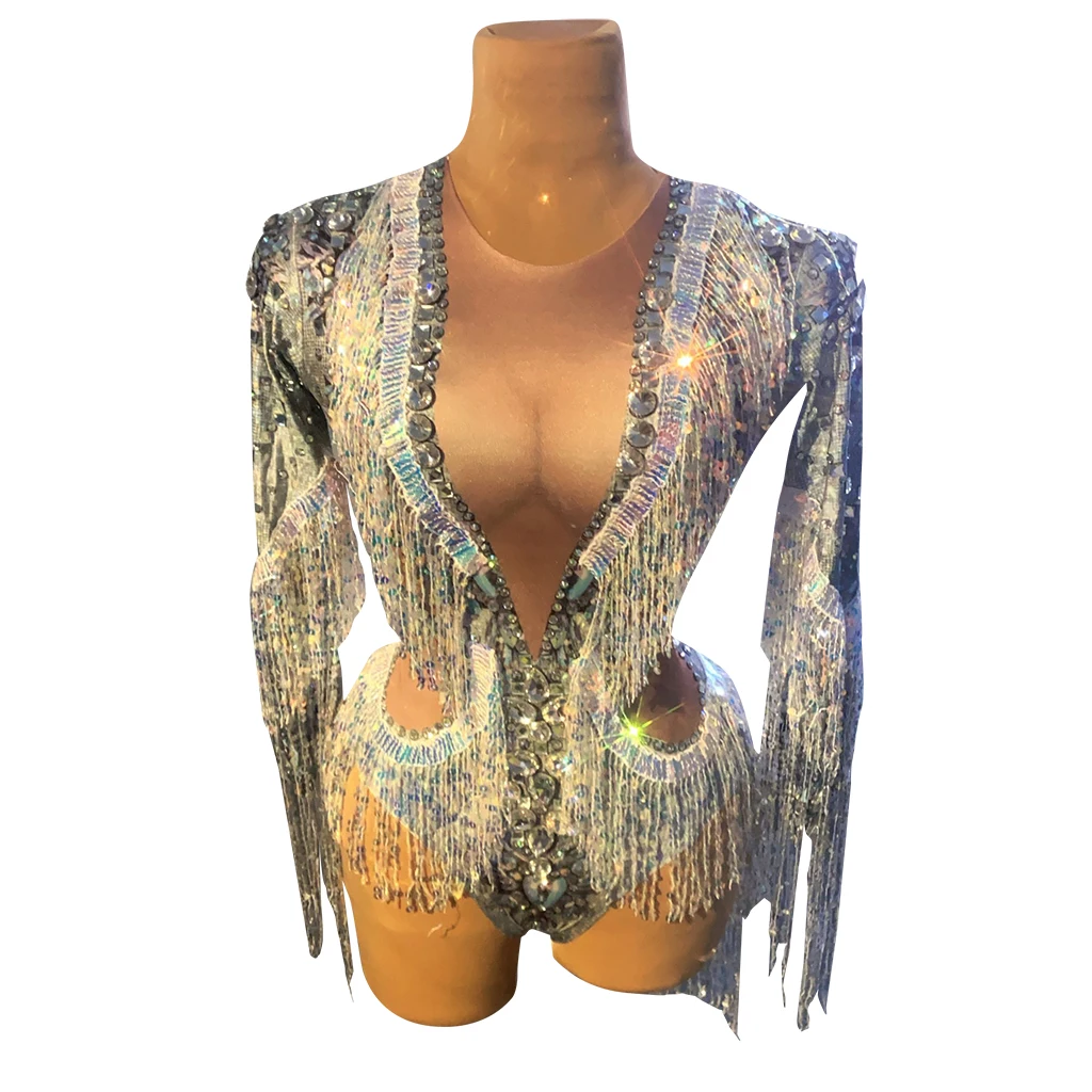 Sparkling Silver Rhinestone Sequin Tassel Party Bodysuit Women Stretch Dance Fringes Jumpsuit Club Bar Singer Leotard Stage Wear