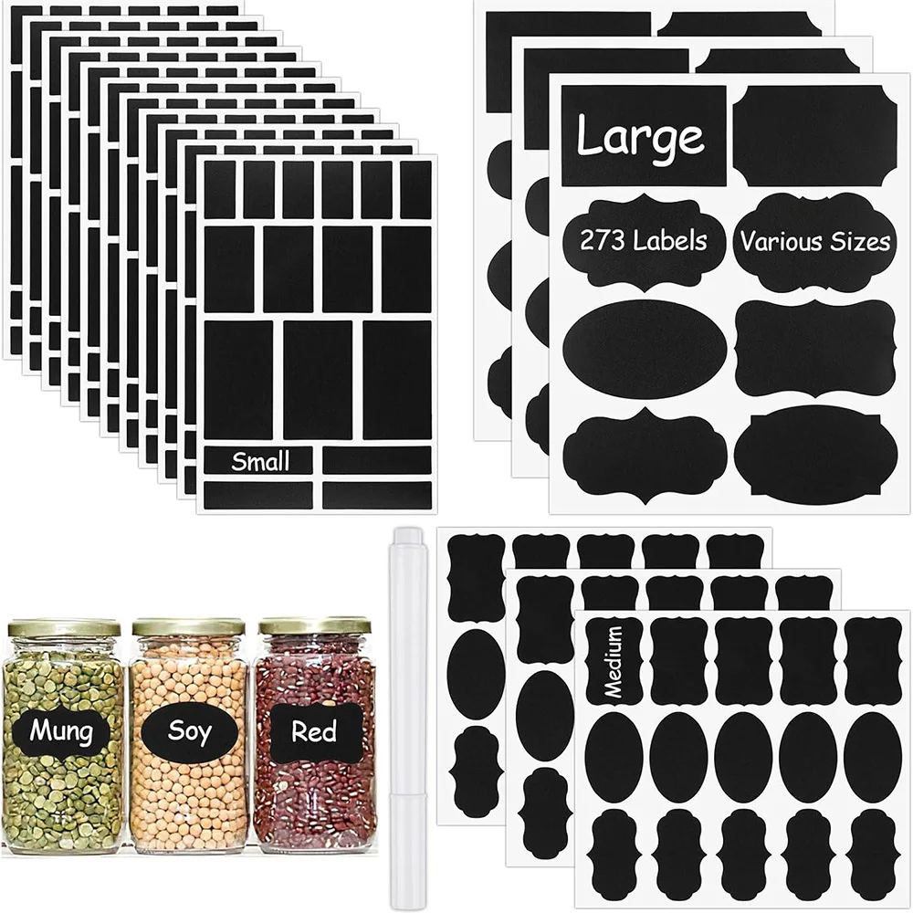 273Pcs Labels for Jars, Waterproof Reusable Chalkboard Labels for Food Containers, Bottles, Blackboard Stickers with 1 Erasable