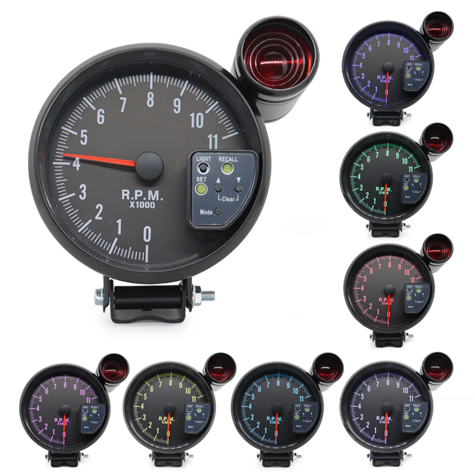 5 Inch Tachometer Gauge Black 7 Colors Backlight with Shift Light Peak Sound LED Flash When RPM Warning