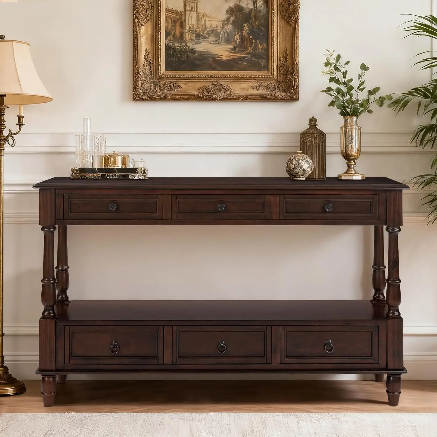 Vintage Solid Wood Console Table 6 Drawers 54