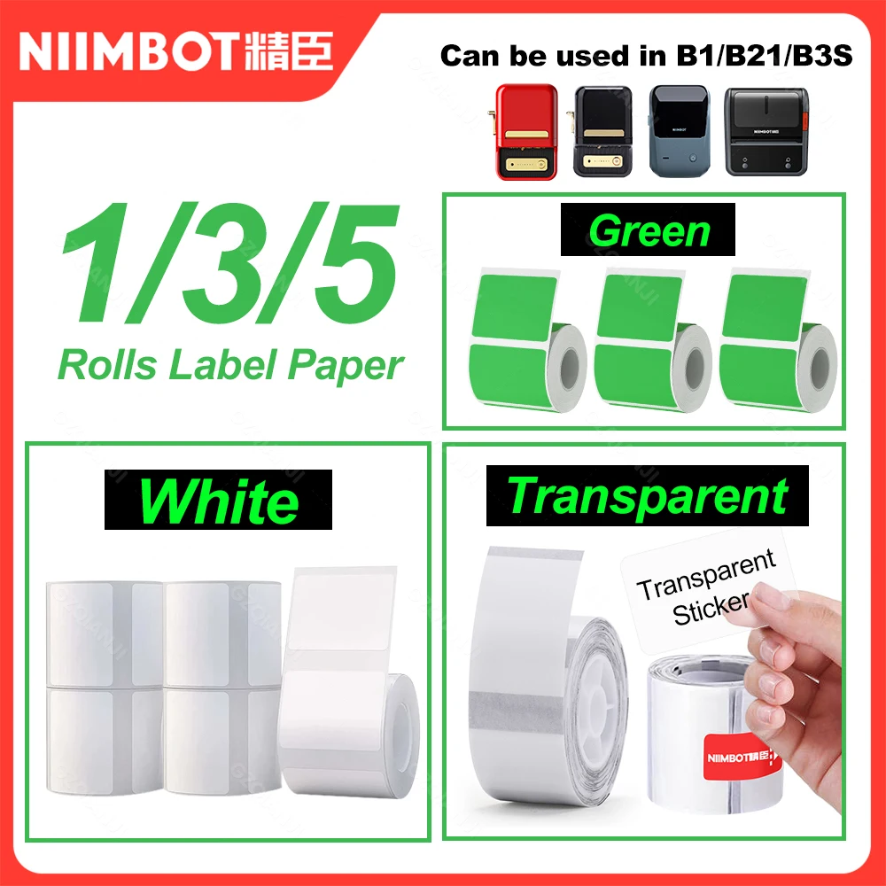 Niimbot B21 B1 White Tag Color Transparent Thermal Label Sticker Paper 1/3/5 Roll Waterproof Scratch-Resistant for Label Printer