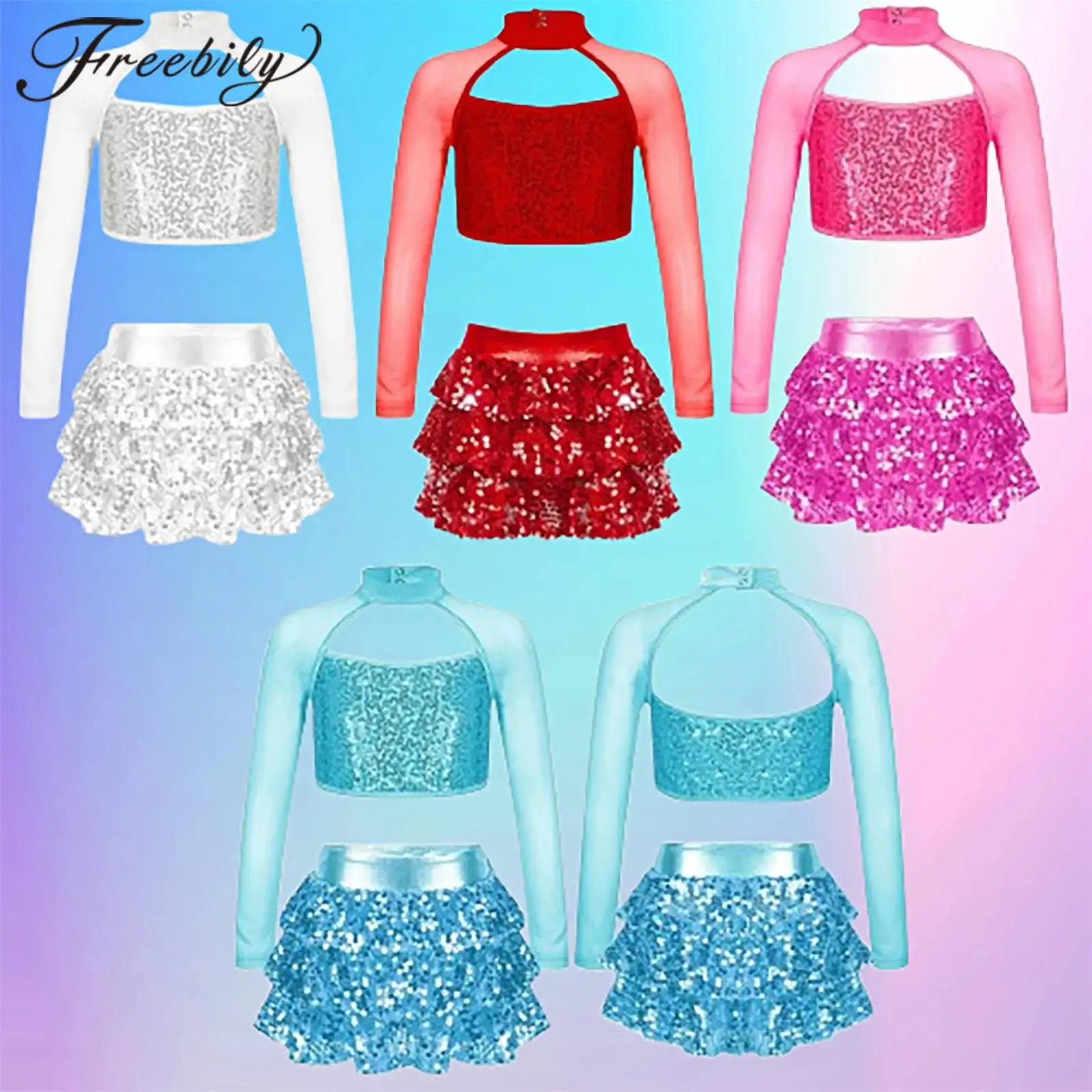

Kids Jazz Dance Costume Long Sleeve Shiny Sequins Crop Top with Skirts Girls Outfit Birthday Party Stage Performance Dancewear
