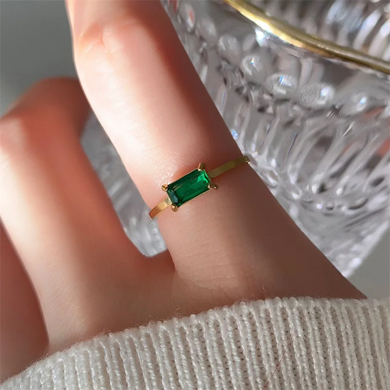 316L Stainless Steel Inlay Square Green White Purple Cubic Zirconia Modern Trendy Women Index Finger Ring Gold Plated Jewelry