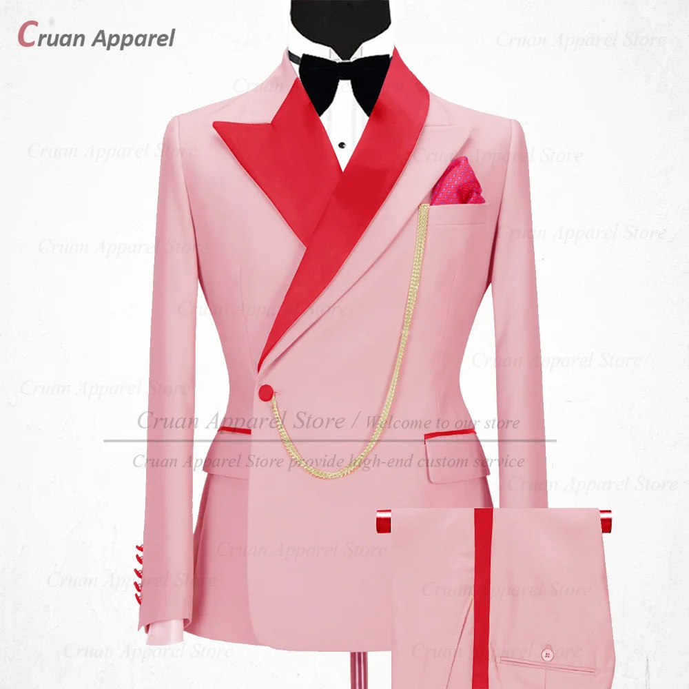 Newest Black Suits for Men Slim Fit Luxury Business Wedding Tuxedos Tailor-made Red Shiny Collar Jacket with Pants 2 Pieces Set