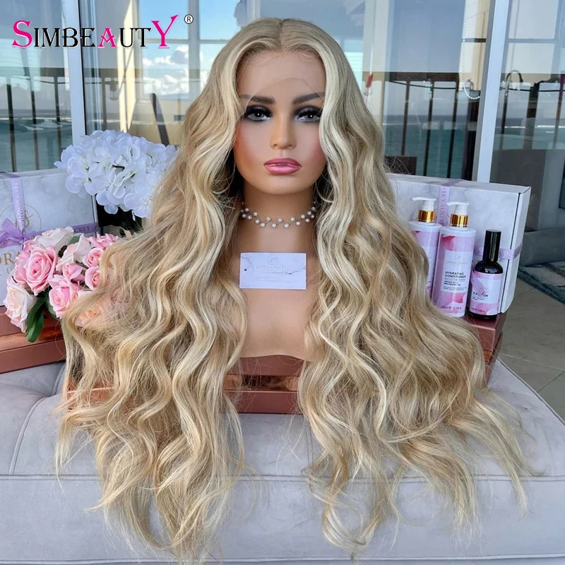 Indian 100% Human Hair Light Ash Blonde With Face Framing Highlight Natural Body Wave 13x6 Transparent Lace Front Wigs Real Look