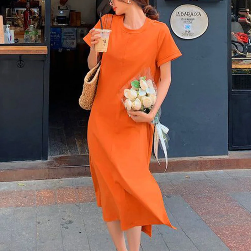 

Fashion Solid Color Loose Shirring Backless Long Dress Female Clothing 2023 Summer New Oversized Short Sleeve Casual Dresses