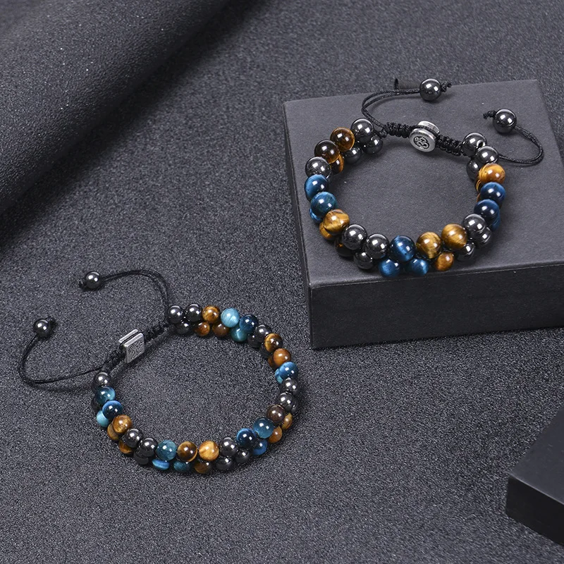 8MM Natural Tiger Eye Stone Adjustable Bracelet Double Layer Hand Woven Row Strand Beaded Bangles Couple Party Jewelry