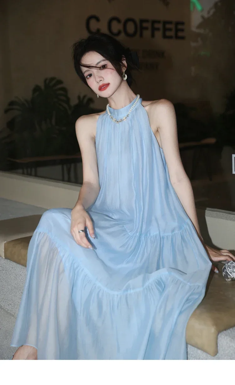 2024 Summer Beach Holiday Midi Dress French Neck-mounted Sleeveless Bow Odzież damska Luźna swobodna linia A Blue Princess Dress