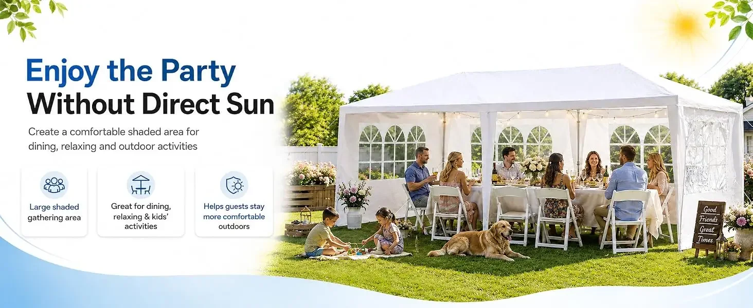10 X 20 FT Outdoor Party Canopy Tent in White, with Removable Window Sidewalls, Ropes, and Stakes — Ldeal for Backyard Events, Weddings, Graduations, Picnics, and Outdoor Dining.