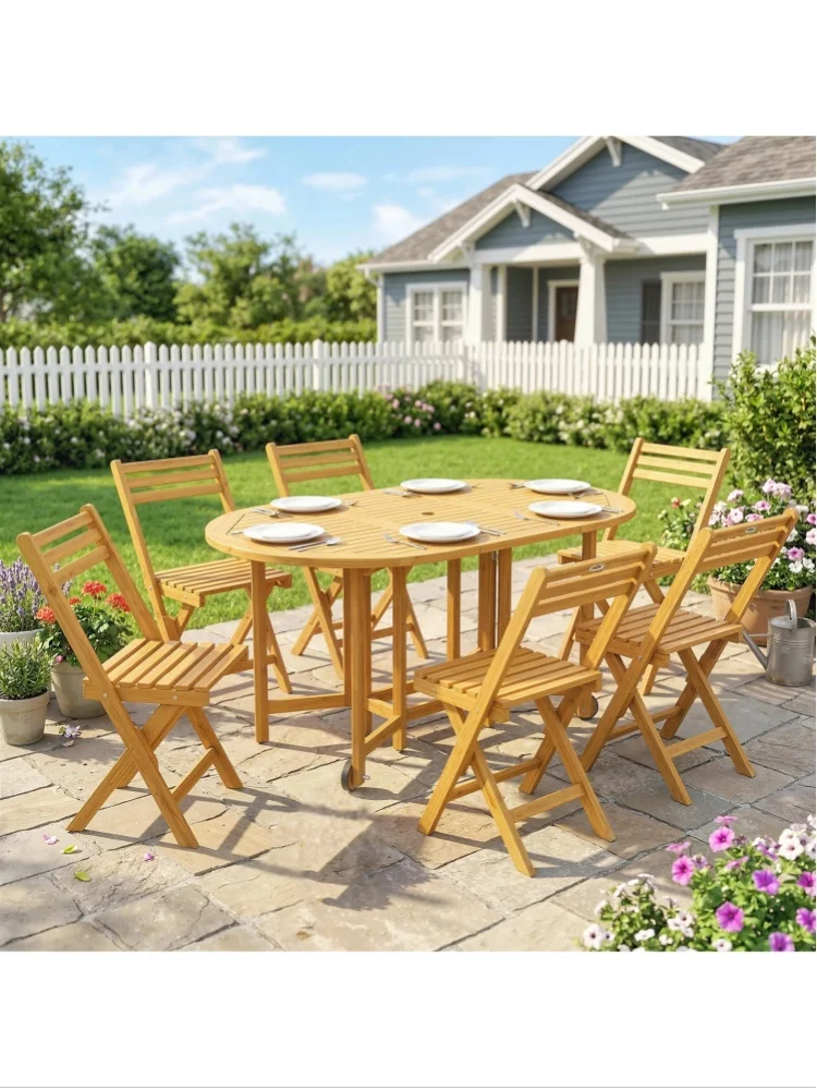 Outsunny Gartenmöbel Set Holz Sitzgruppe 7-teilig Klappbar Tisch Schirmloch