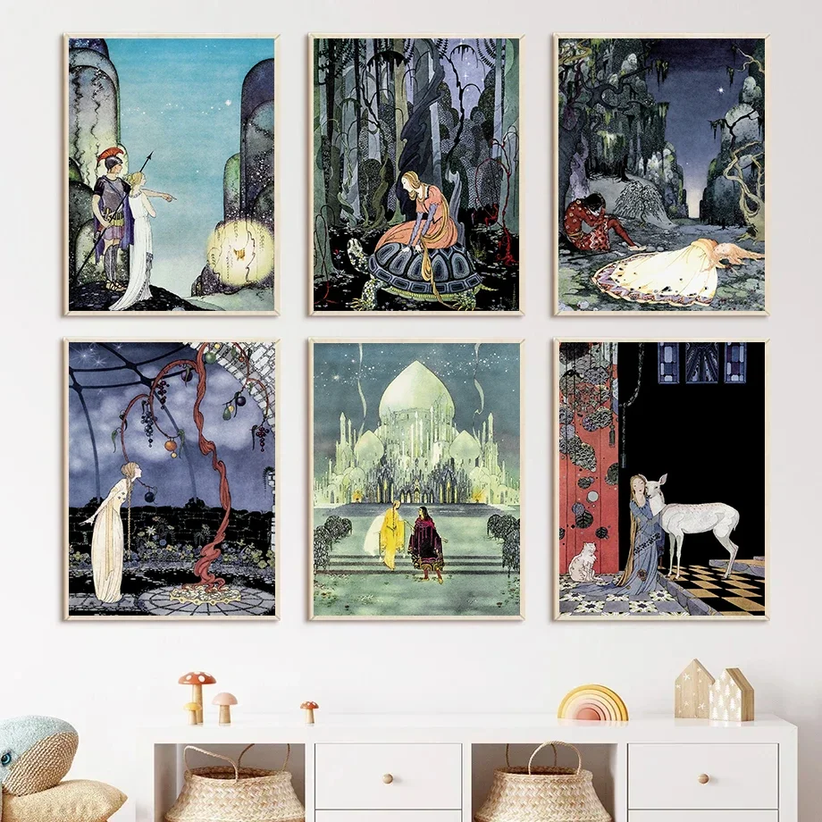 Canvas Painting Classic Nordic Fantasy Fairy Tale Art Princess Prince Retro Illustrations Poster Wall Art Home Decor Wall Decor
