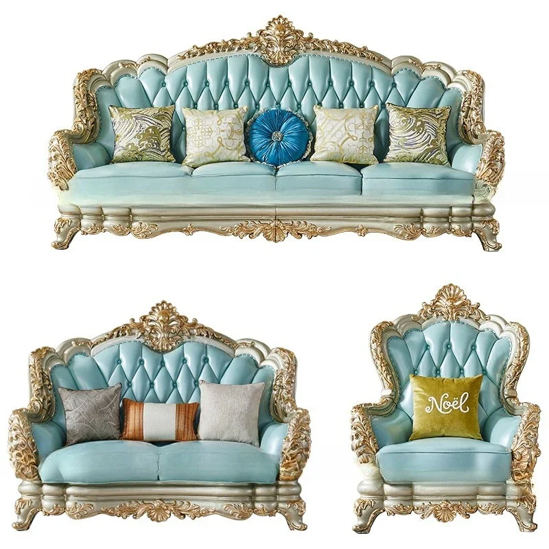 

Solid wood double-sided carved European leather sofa living room