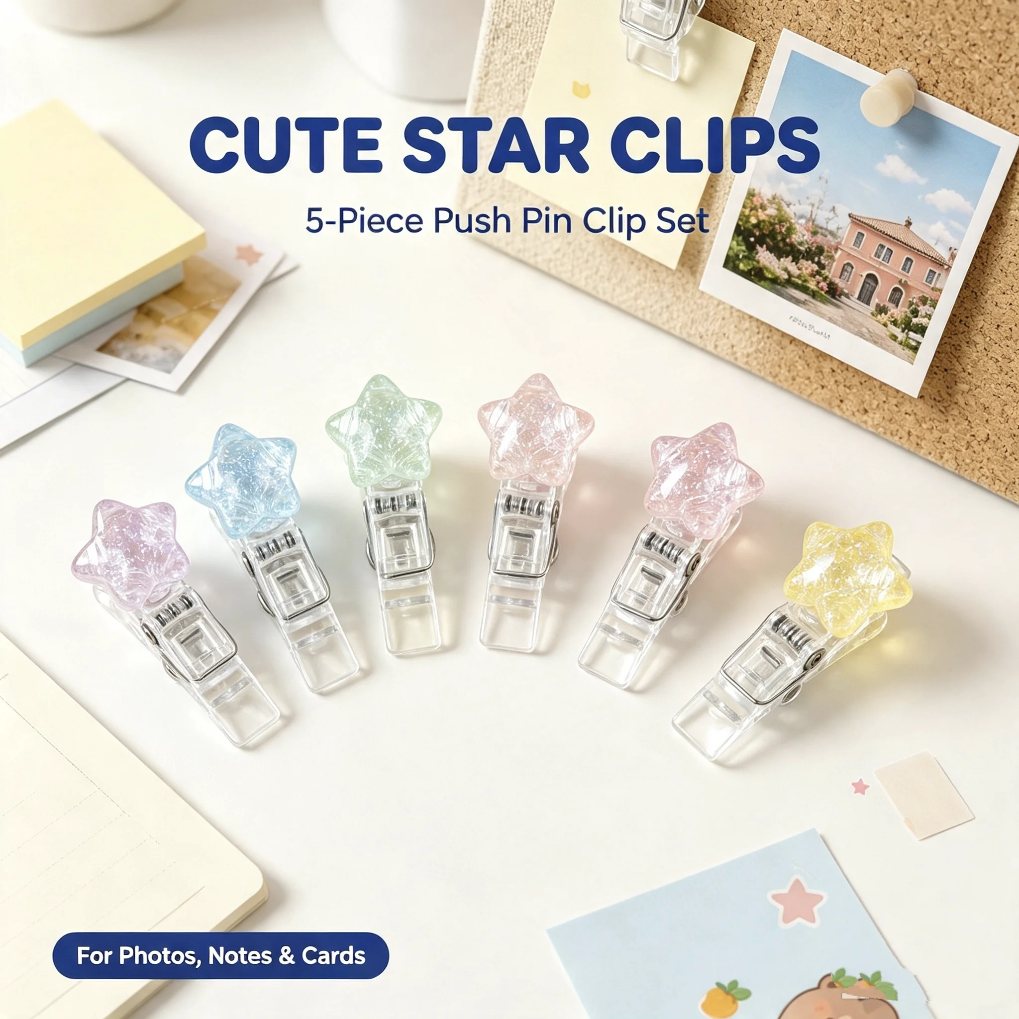 Large Colorful Star Push Pin Clips, Creative Metal Thumbtack Clips for Photo Wall, Message Board Decor, Back to School Supplies