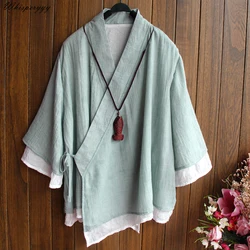 Cotton and Linen Shirt Spring Top for Women Vintage Chinese Style Elegant Hanfu Shirt Female V-neck Elegant Blouse Double-deck