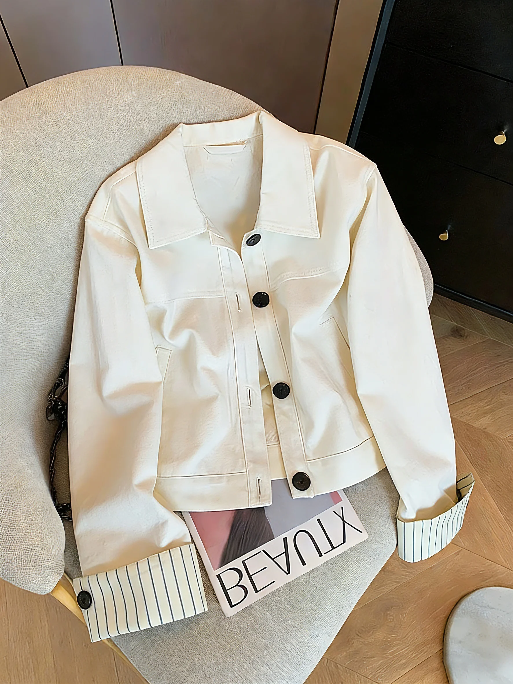 

Свободная повседневная куртка в полоску для женщин, весна-осень, модный уличный стиль, с воротником-пэчворк, из полиэфирного волокна