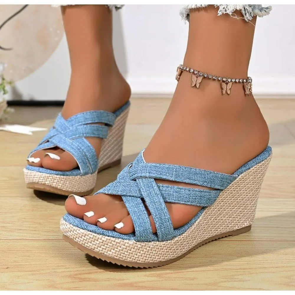 

Летние женские сандалии на танкетке больших размеров в ковбойском стиле, простые повседневные, на платформе, на высоком каблуке, шлепанцы