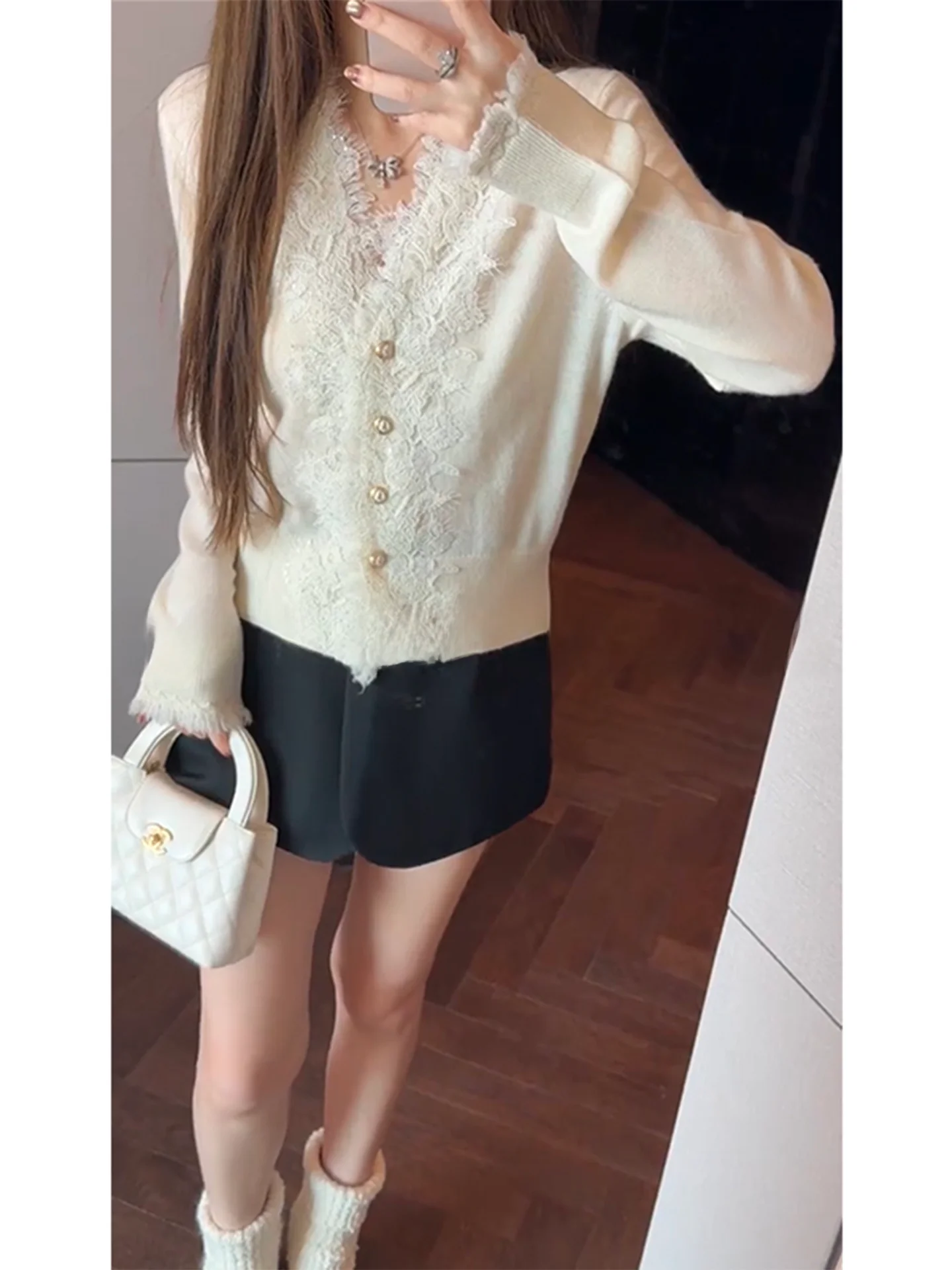 

Soft Cozy Lace Splice V-Ne Knitted Sweater Women's Sle Commute Date Slimming Base Layer Faionable Girls Woolen Coat