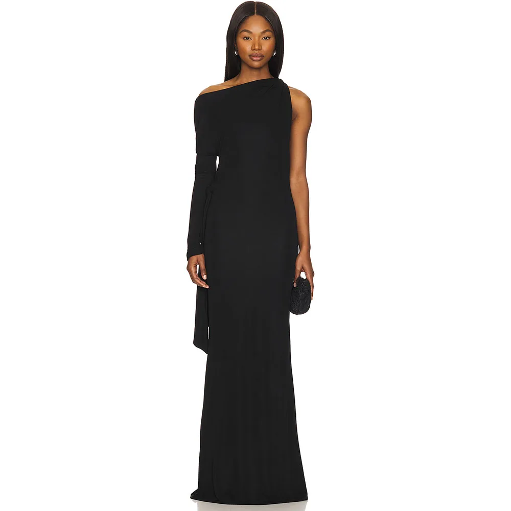 

Modern Black Evening Gown Mermaid One Shoulder Formal Party Dress Floor Length Long Sleeves Prom Dress Saudi Arabia Dress