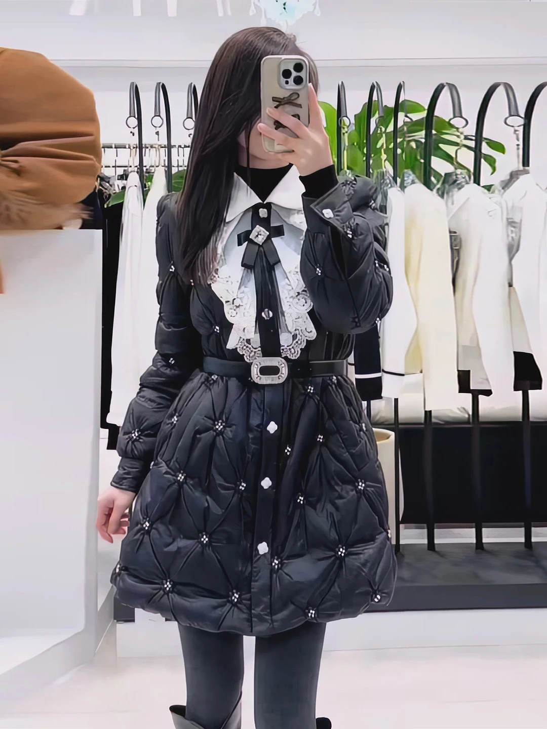 

Bla Quilted Jaet Women's Faionable Winter Warm Sle French Sle Du down Coat Long Sve Mid-Length Single Button