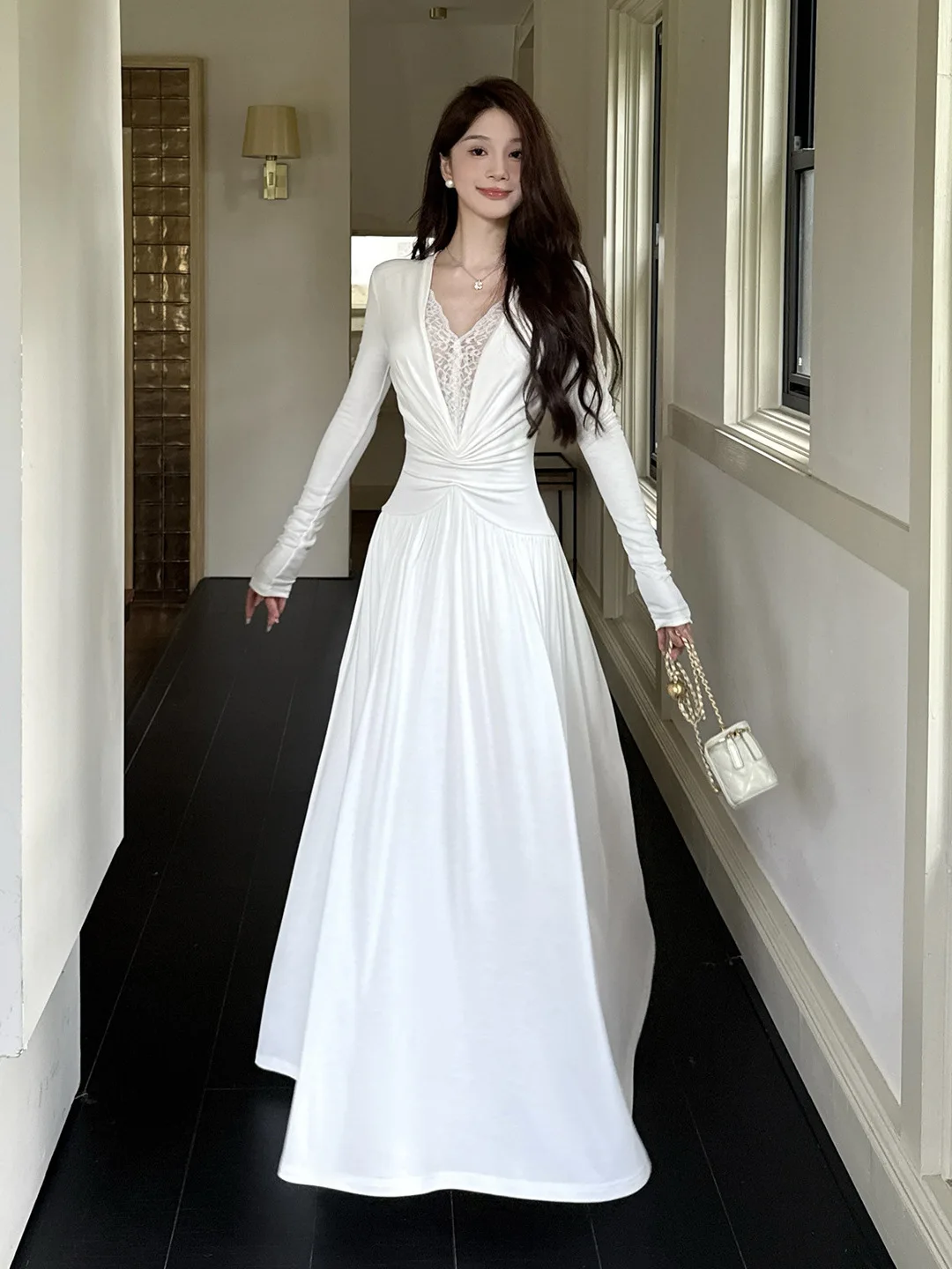 French Lace Panel Design Sheer White V-neck Dress Women's Elegant Slim-fit Ruched Long Dresses Autumn Party Evening Gown Robe