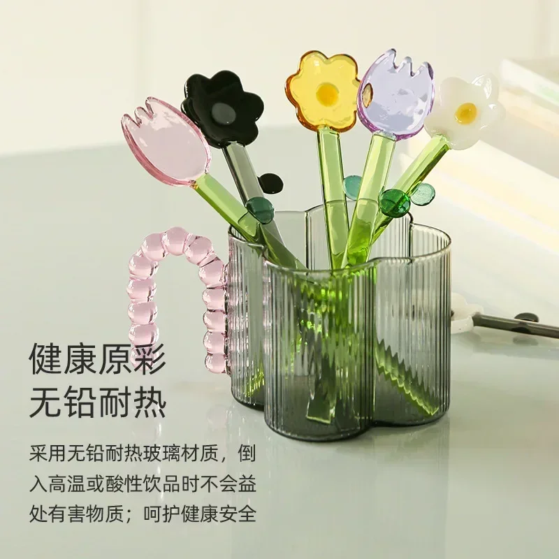 Creative High Borosilicate Colored Transparent Glass Spoon Long Handle Lovely Flower Ice Cream Dessert Spoon Coffee Stir Spoon