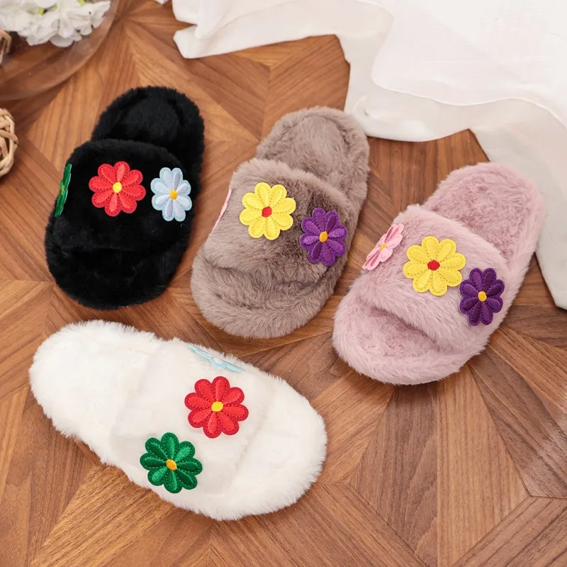 Girls Winter Home Slippers Colorful Flower Warm Children's Causal Shoes Open-toe Soft Non-slip Kids Flurry Plush Flat Slippers