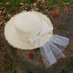 Straw Hat Women's Summer French Vintage Elegant Lace Straw Hat Pearl Ribbon Flat Top Big Eaf Sun Protection and Sunshade Hat