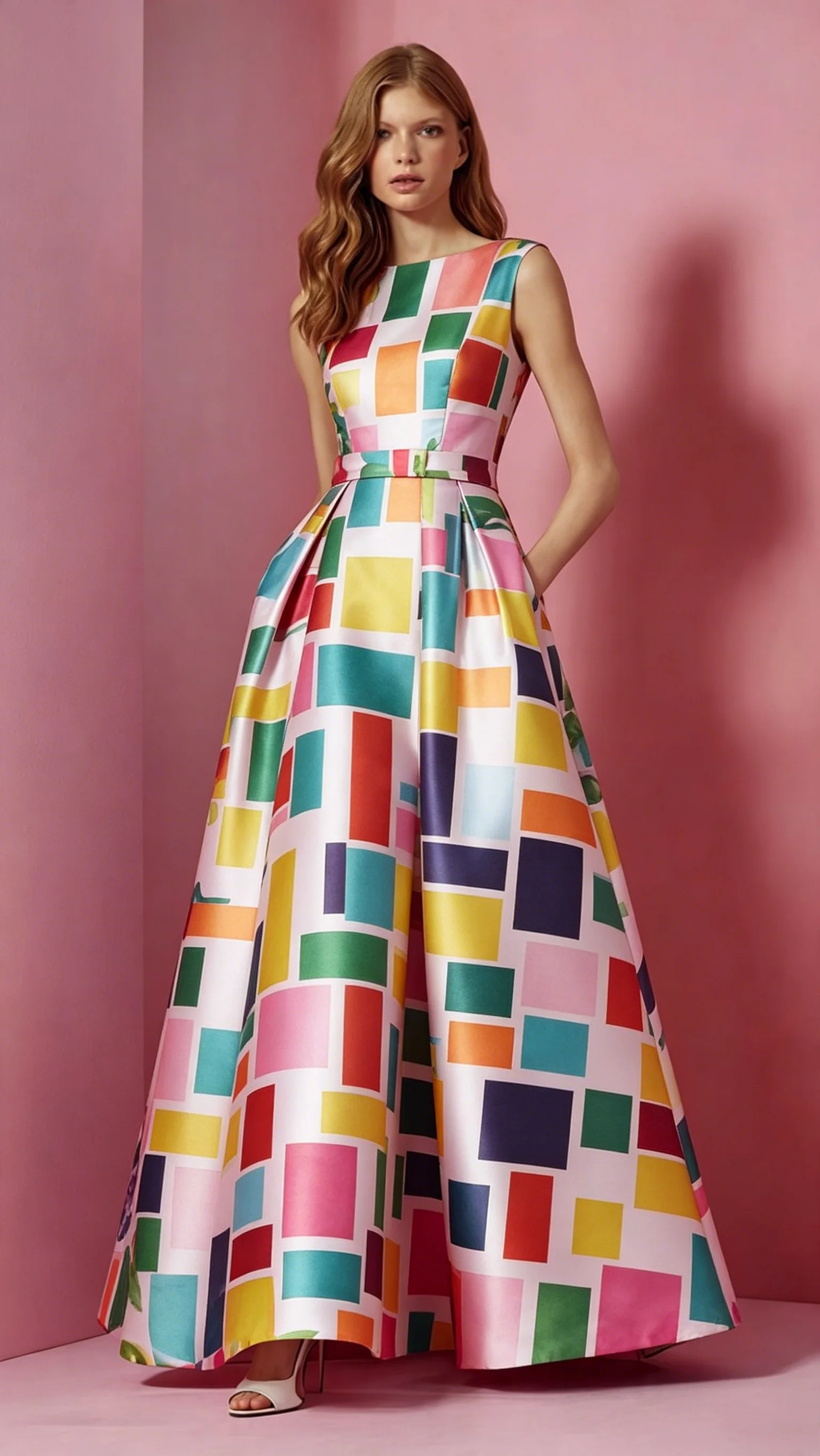 

Women's Elegant Formal Party Dress Color Block Square Print A Line Maxi Dress High Waist Sleeveless Pleated Summer Clothing
