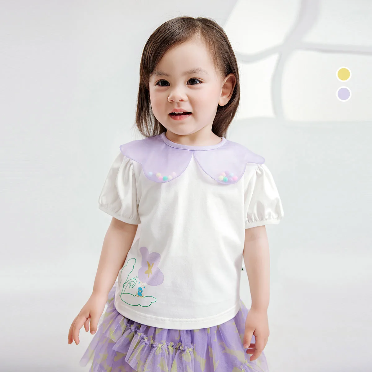 

Baby Girl Top Children Clothing 2024 Summer New Girls Cute Petal-neck T-shirt Children Sweet Breathable Short Sleeve Tops