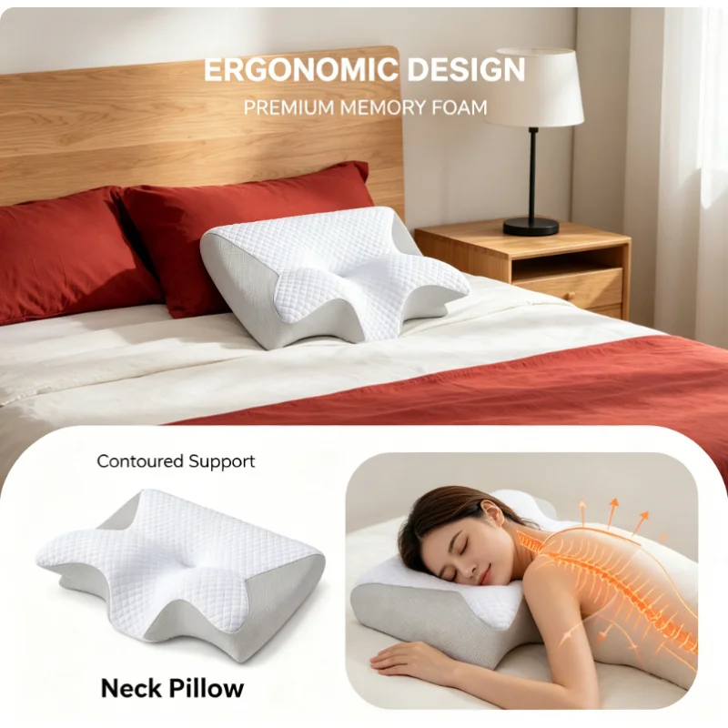 Almohada Cervical de Espuma Viscoelástica con Forma de Mariposa para Aliviar el Dolor de Cuello, Almohada Ergonómica Contorneada de Rebote Lento para Dormir