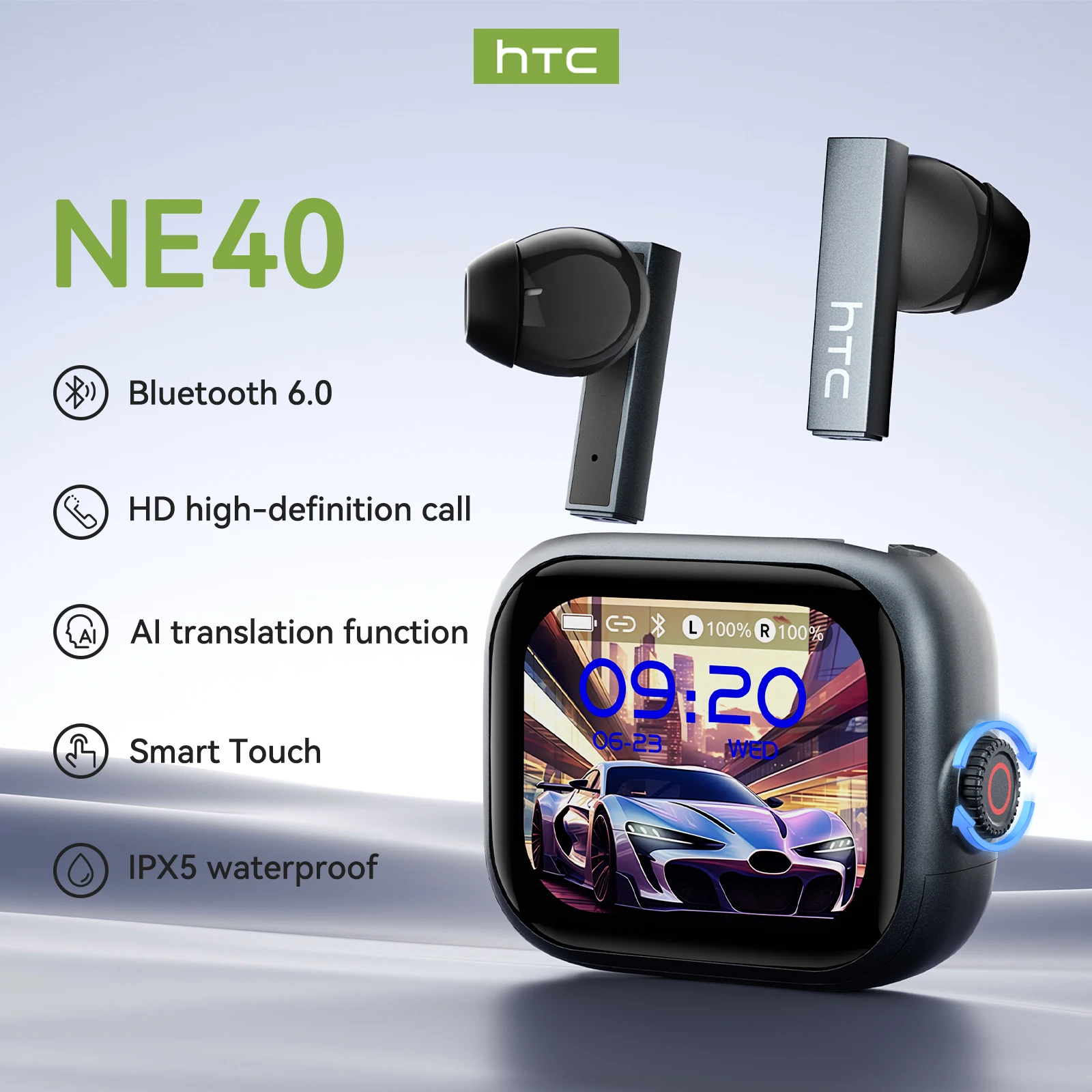 HTC NE40 TWS Bluetooth 6.0 AI Traducción en tiempo real Reducción de ruido ENC Tiempo de reproducción de 48 horas Pantalla LED resistente al agua IPX5 Audio de alta fidelidad