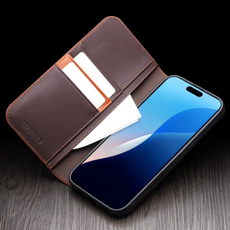QIALINO Genuine Leather Flip Case for iPhone 17 Plus Handmade Fashion Cover with Card Slots for iPhone 16 15 14 13 Pro Max 17Air