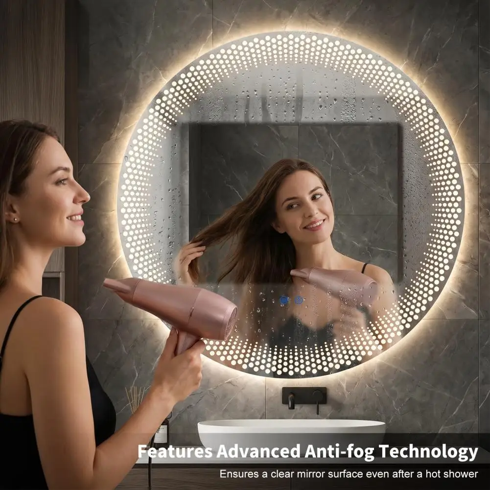 Bathroom Mirror, Compact Design Round Shape Tempered Glass LED Makeup Mirror, Anti-Fog Technology Large Bathroom Mirror