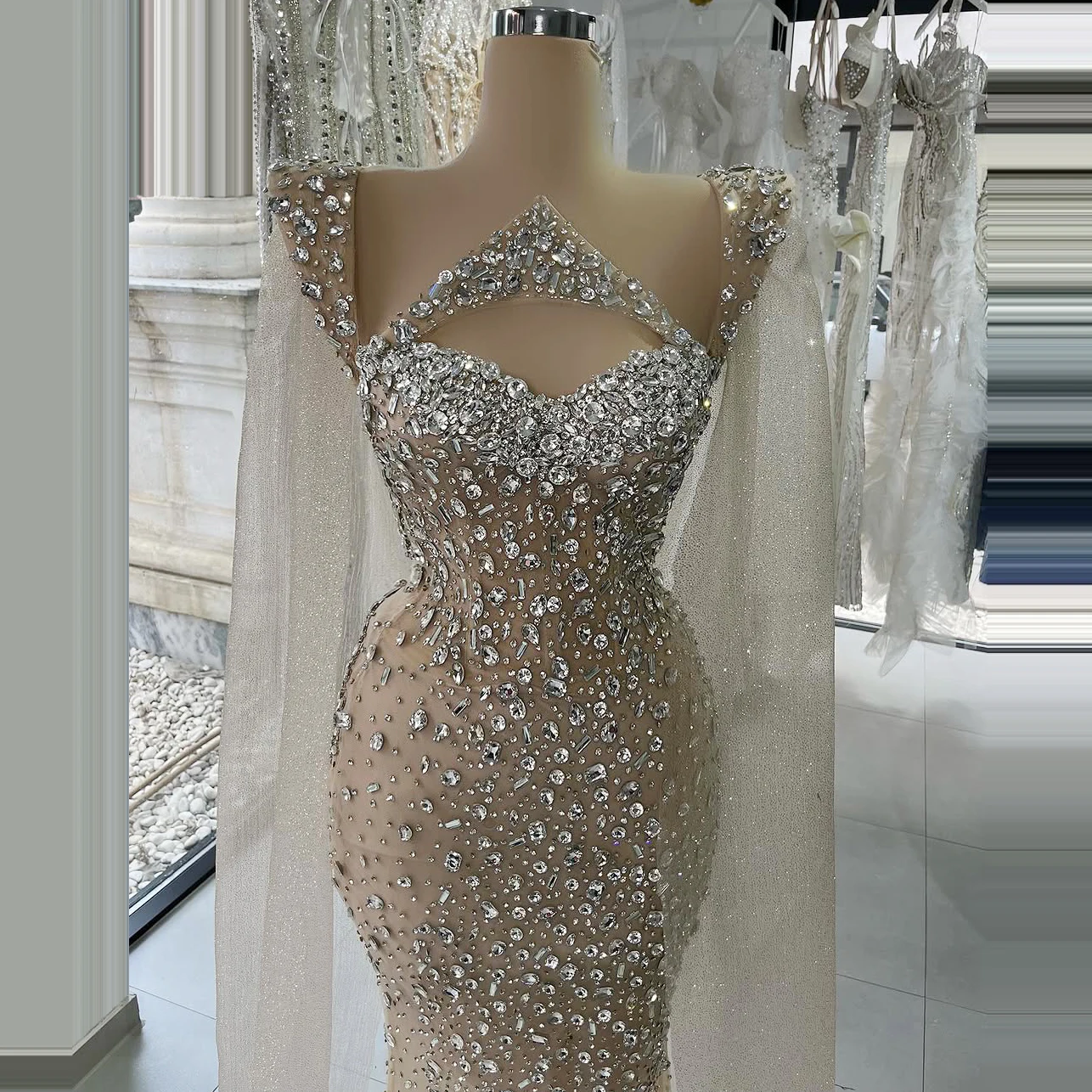Champagne Mermaid Evening Dress with Cape Sleeve Floor Length Prom Dress Illusion Lace Crystal Wedding Party Dress Customized