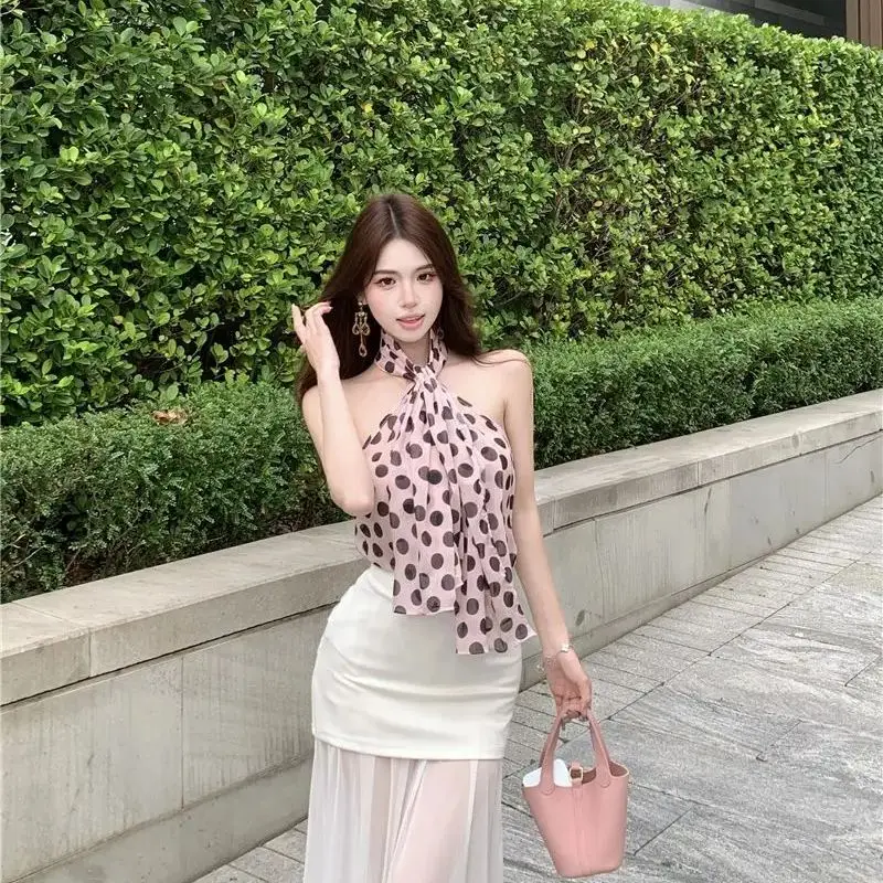 French Pure Style Neck Sleeveless Polka Dot Shirt Women Summer New Slim Design Niche Fashion Top