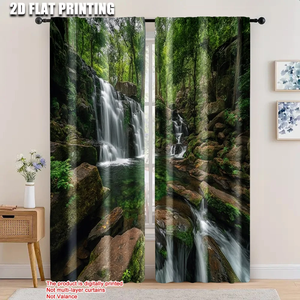 

2pcs, 2D flat printing Window Drapes Natural scenery waterfall green plants landscape Versatile Fabric,Without Electricity